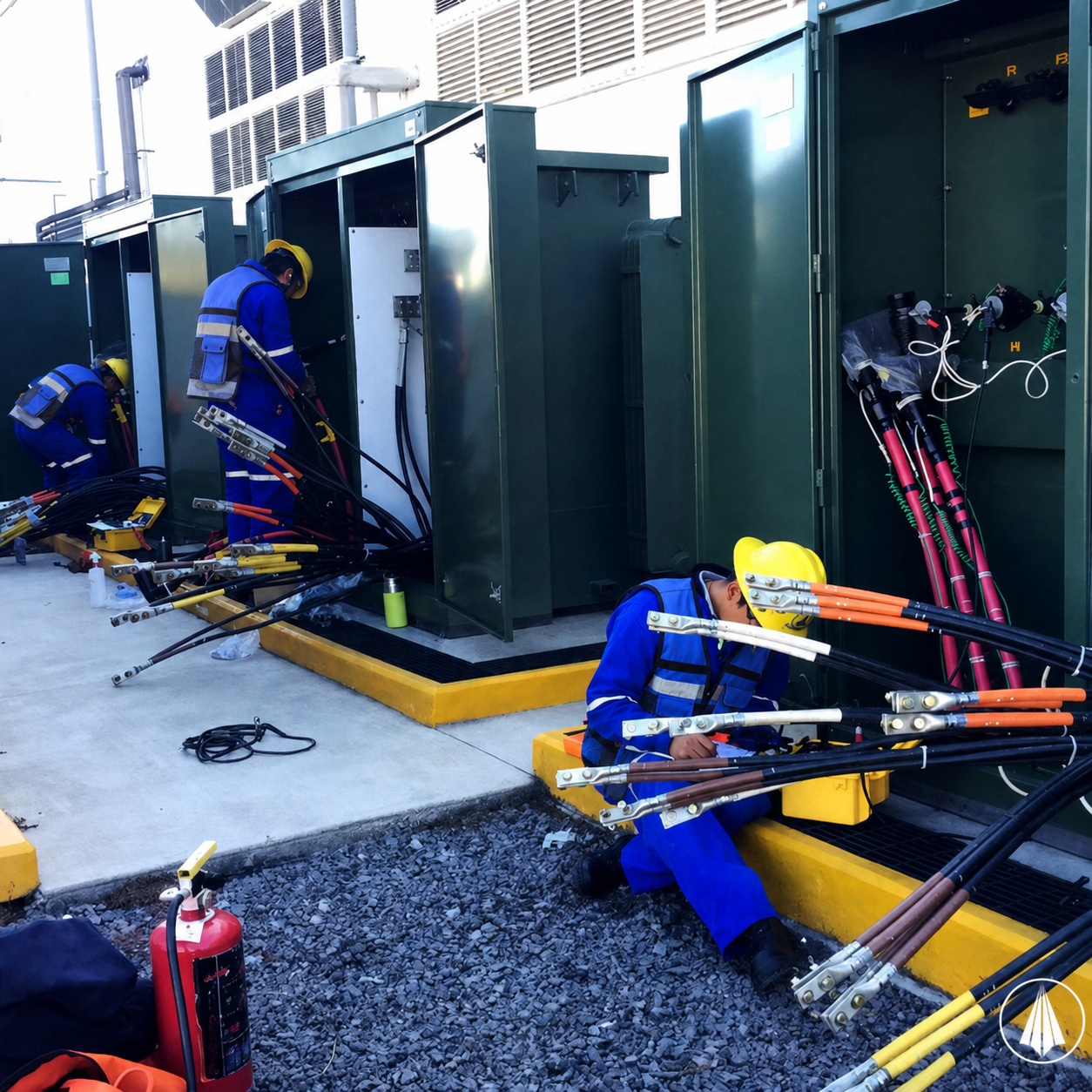 Técnicos AZVIR Ingeniería realizando mantenimiento eléctrico a transformador pedestal y celdas de media tensión